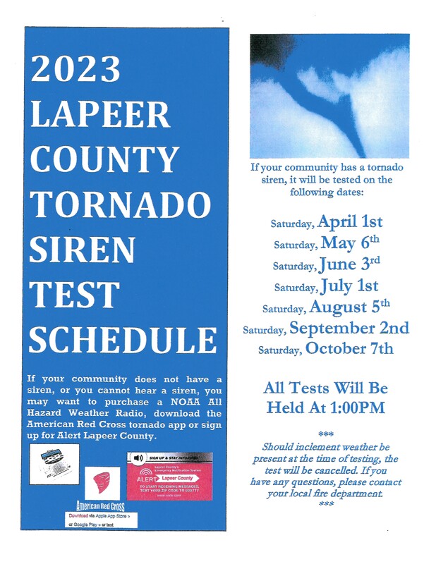 2023 Lapeer County Tornado Siren Schedule